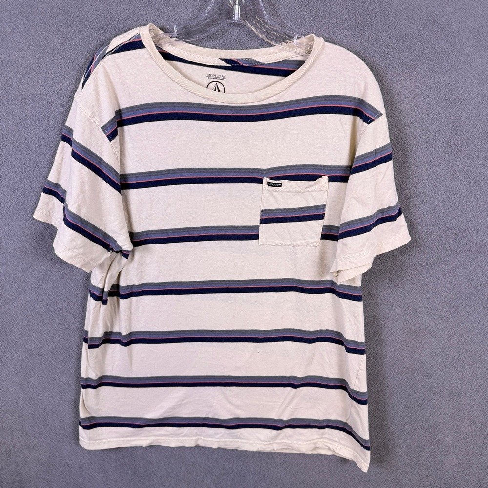 Y2K Volcom T-Shirt Mens XL Cream Striped Modern Fit Pocket Tee Skate Surf